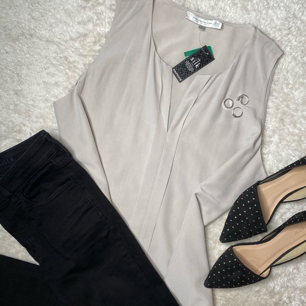 NWT Simons 100% Silk Light Gray V-Neck Tank Top Blouse